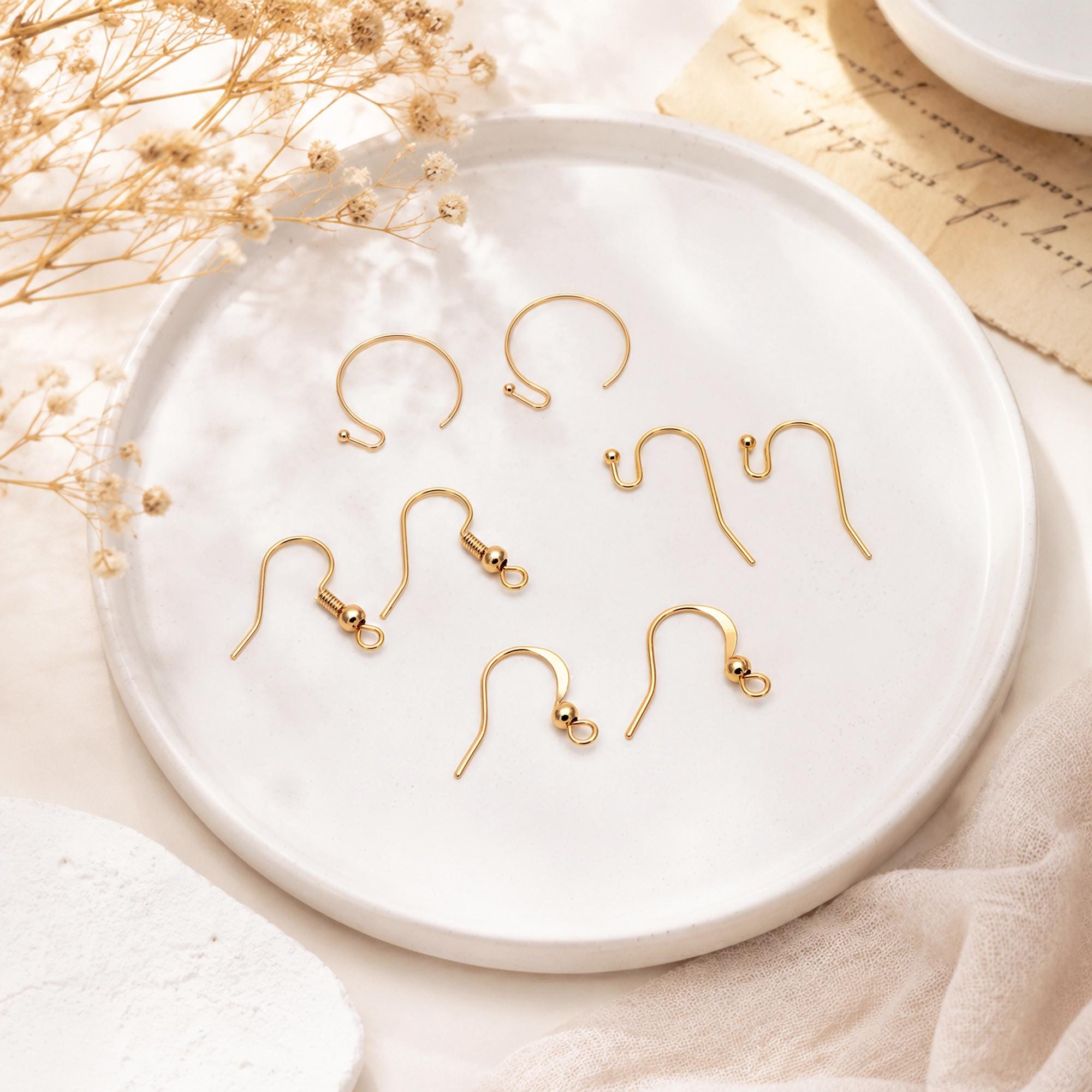 20pcs Gold/ Silver Earring Hooks, Real Gold/ Rhodium Plated Brass, Simple Earwires (GB-025)