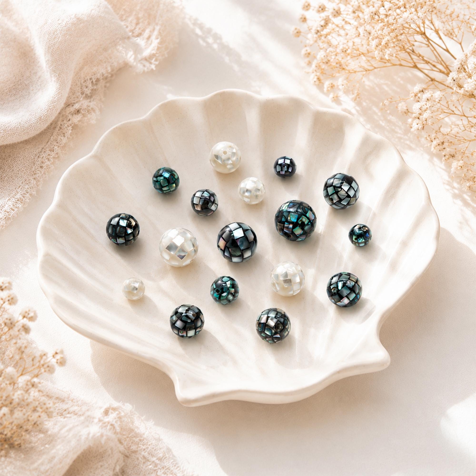 10pcs Mother of Pearl Mosaic Beads, Abalone Shell Mosaic Beads, 8/ 10/ 12/ 14mm Round -(BK-030)