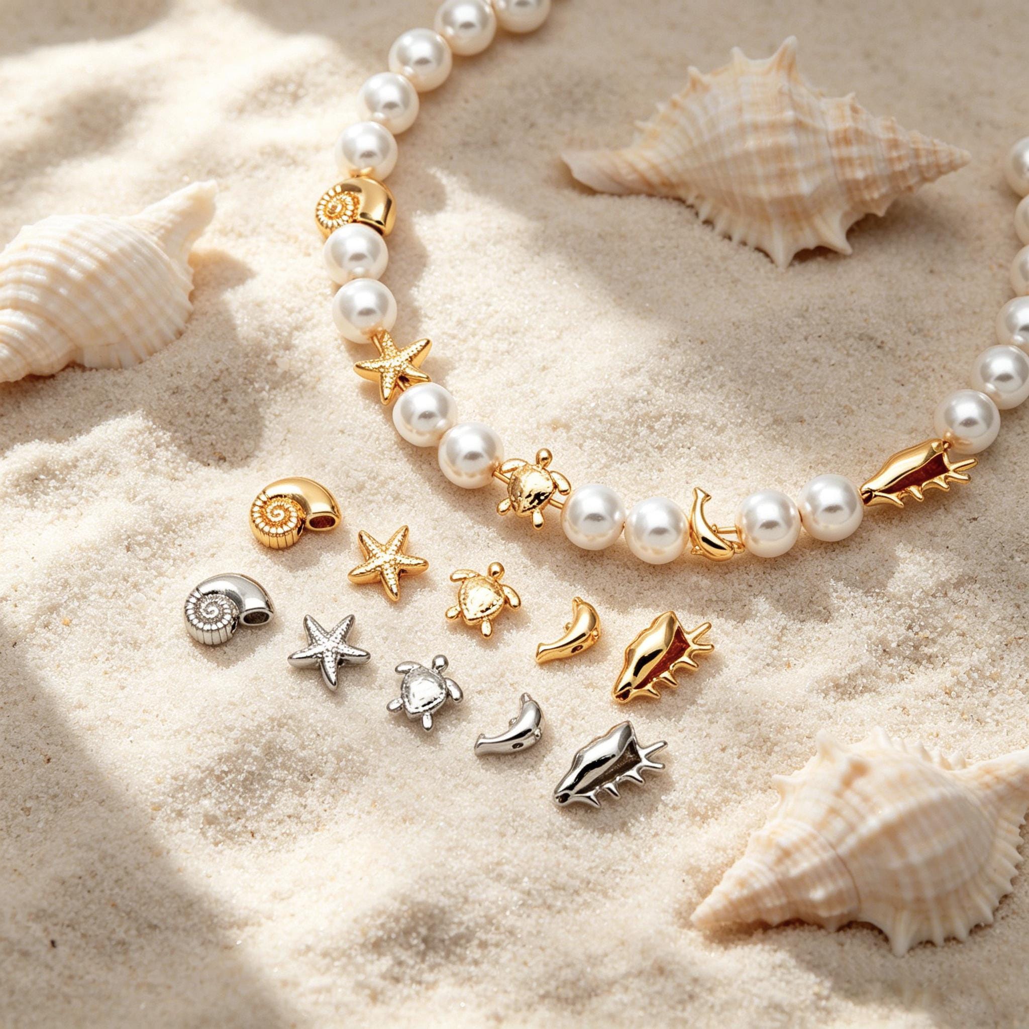 10pcs Gold/ Silver Tone Ocean Beads, 18K Gold/ Rhodium plated Brass, Beach Spacer Beads (GB-4470)