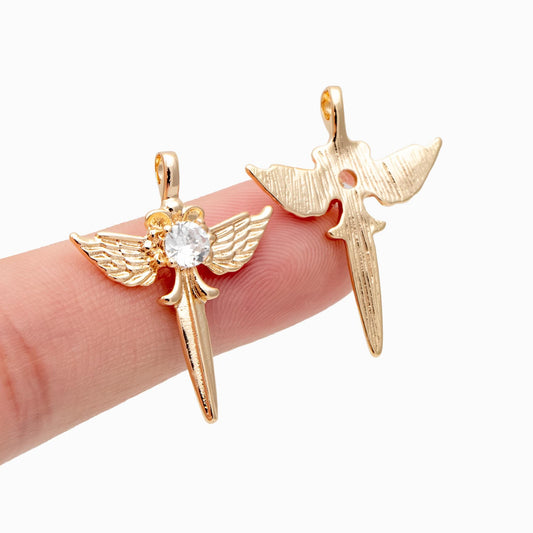 4pcs CZ pave Gold Wing Sword Pendant, Necklace Charm, Jewelry Making, Diy Material, Jewelry Supplies (GB-1810-E)