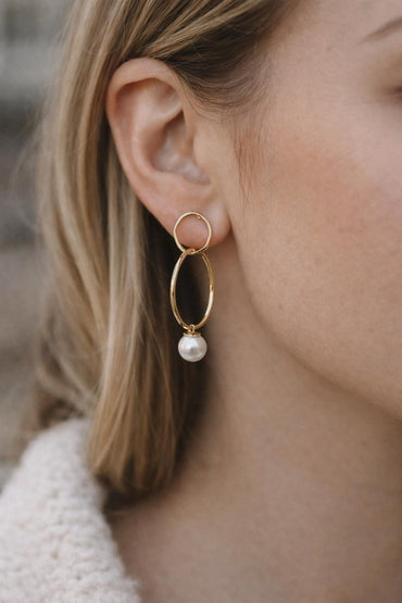 Glass Pearl Stud Earrings, 18K Gold plated Brass, Minimalist Geometric Earrings (#GB-3751)