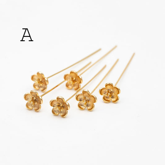 10pcs Gold Flower Head Pins , Gold plated Brass Headpins (GB-4035)