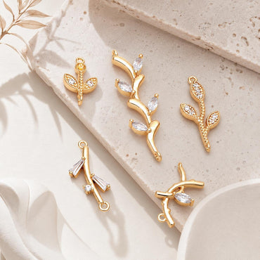 10pcs CZ pave Gold Leaf Charm Connectors , 18K Gold plated Brass Branch Pendants (GB-3145)