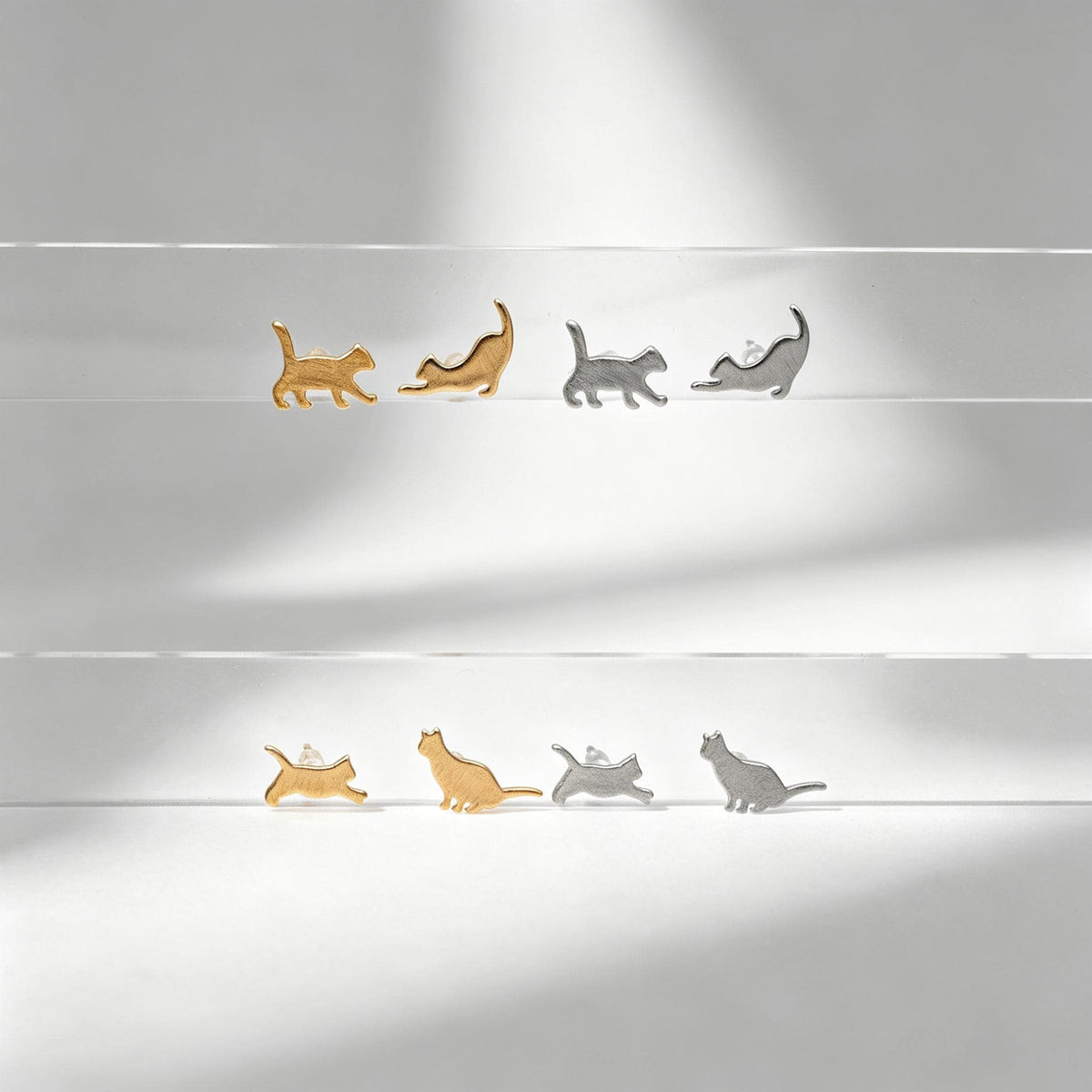 10pcs Cat Asymmetry Earrings, Gold/ Rhodium plated Brass, Pet Animal Stud Earrings (GB-4094)