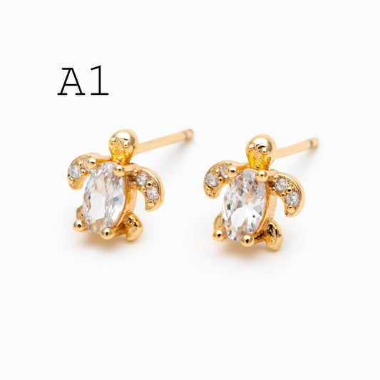 10pcs CZ Pave Gold/ Silver Tone Turtle Earrings, Gold/ Rhodium Plated Brass, Minimalist Stud Earrings (GB-3845)