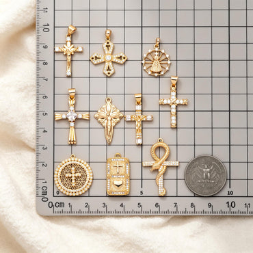 4pcs CZ pave Gold Cross Pendant, Christian Cross Pendant, Snake Charms, Ankh, Jewelry Supplies (GB-2288)