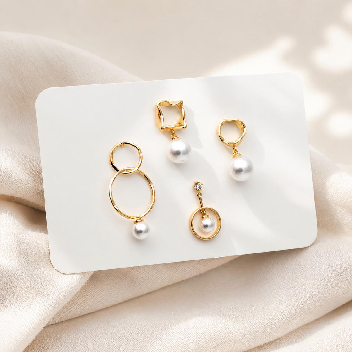 Glass Pearl Stud Earrings, 18K Gold plated Brass, Minimalist Geometric Earrings (#GB-3751)