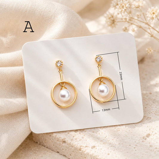 Glass Pearl Stud Earrings, 18K Gold plated Brass, Minimalist Geometric Earrings (#GB-3751)