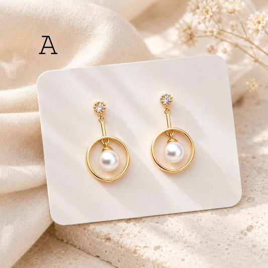 CZ Pave Elegant Gold Hoop Earrings with Glass Pearl Drop (#GB-3751-A)