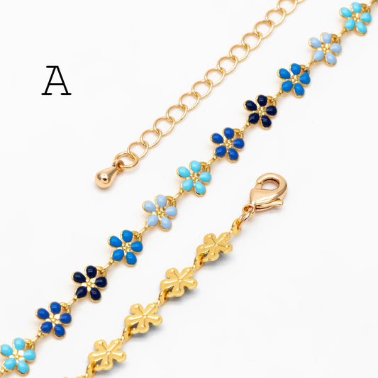 Gold plated Enamel Flower Chain, Finished Bracelet/ Anklet/ Necklace with Extender Chain, 16-18 inch Adjustable, Ready to Wear (#LK-581)