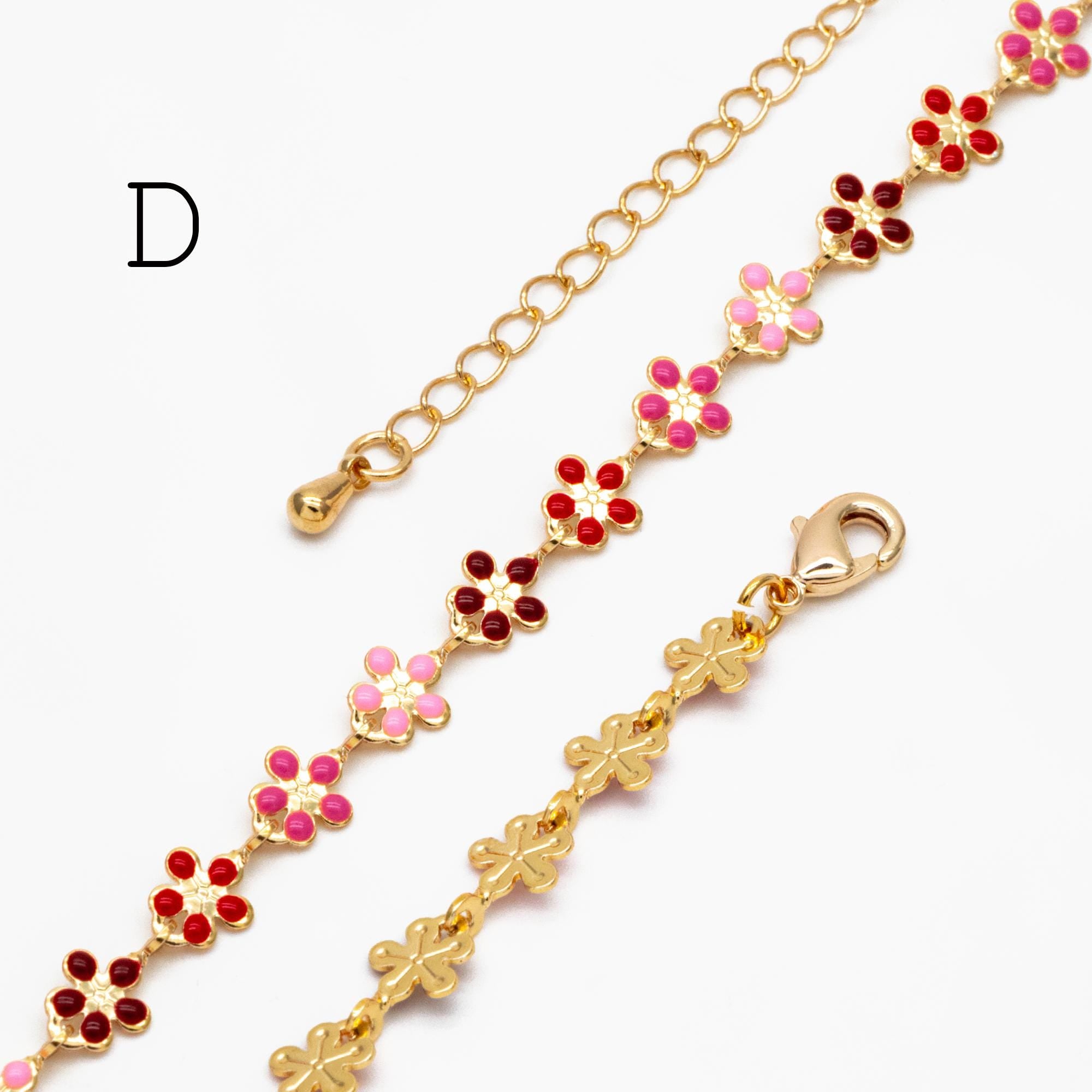 Gold plated Enamel Flower Chain, Finished Bracelet/ Anklet/ Necklace with Extender Chain, 16-18 inch Adjustable, Ready to Wear (#LK-581)
