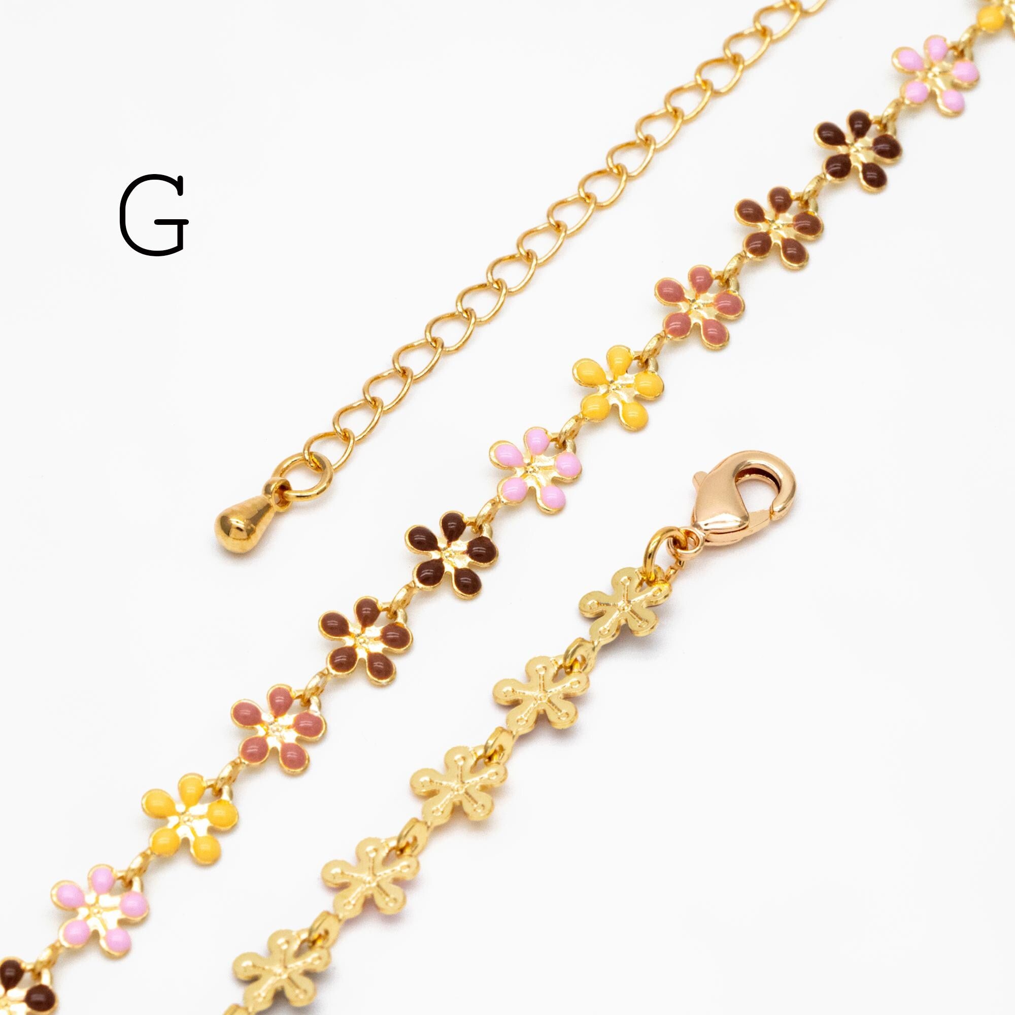 Gold plated Enamel Flower Chain, Finished Bracelet/ Anklet/ Necklace with Extender Chain, 16-18 inch Adjustable, Ready to Wear (#LK-581)