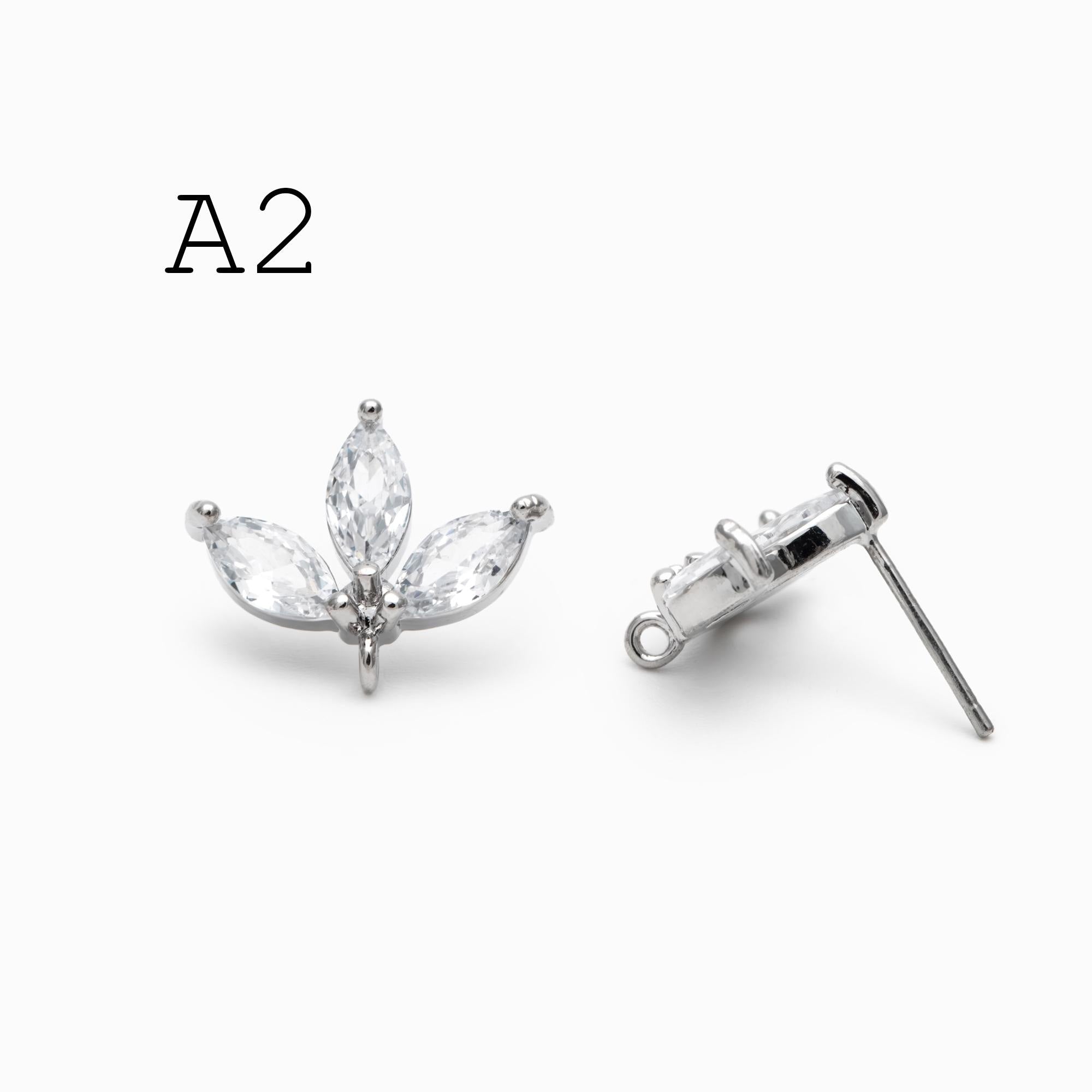 4pcs CZ Pave Gold Flower Leaf Earring With Loop, Gold Plated Brass Stud Earrings (GB-1205)