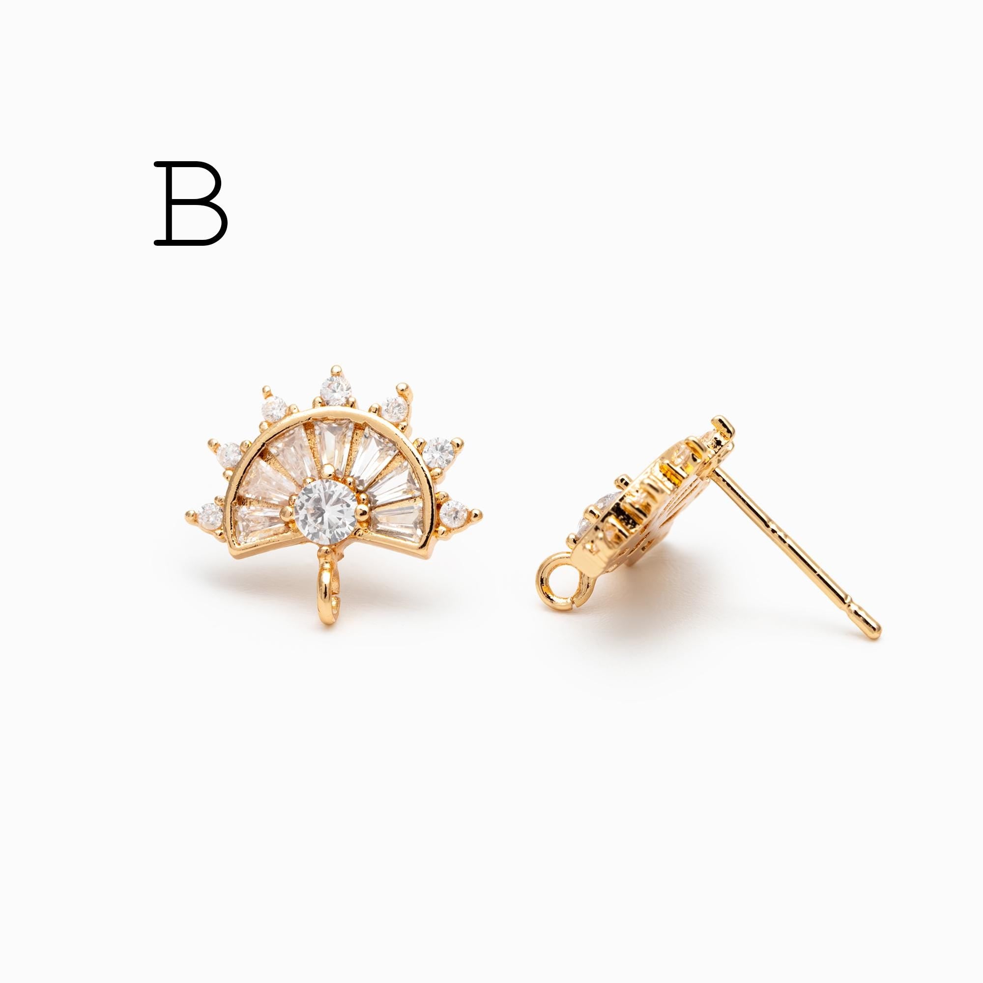 4pcs CZ Pave Gold Flower Leaf Earring With Loop, Gold Plated Brass Stud Earrings (GB-1205)