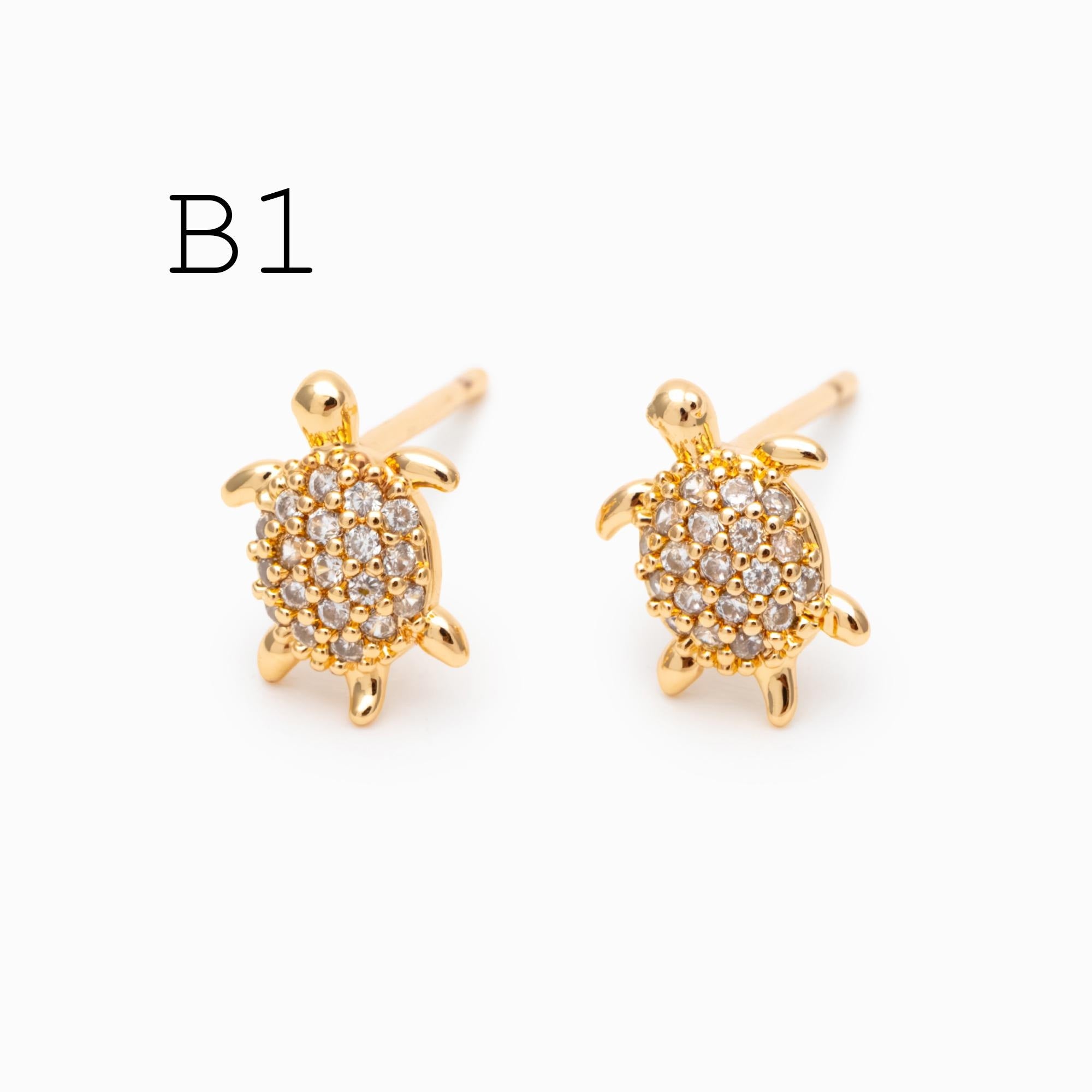 10pcs CZ Pave Gold/ Silver Tone Turtle Earrings, Gold/ Rhodium Plated Brass, Minimalist Stud Earrings (GB-3845)