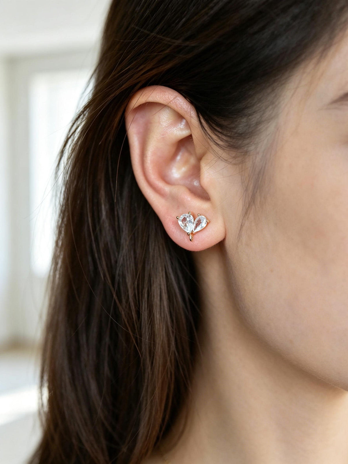 4pcs CZ Pave Flower Heart Earring with Loop, Gold Plated Brass leaf Stud Earrings, Dainty Earring, Wholesale Supplies (GB-314)