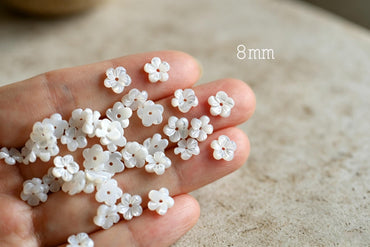 10pcs White Mother of Pearl Flowers, Carved Shell Flower Beads 8/ 10 /12mm, Flat back- (BK-017)