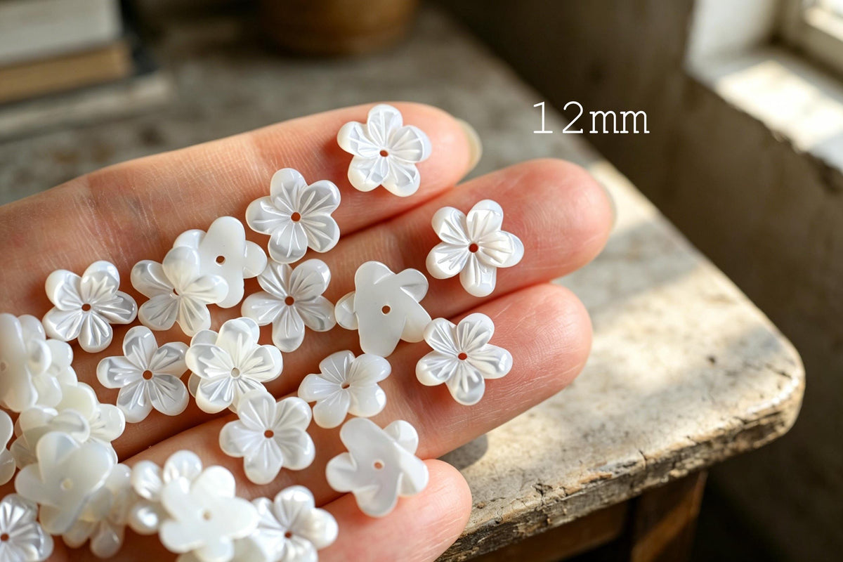 10pcs White Mother of Pearl Flowers, Carved Shell Flower Beads 8/ 10 /12mm, Flat back- (BK-017)