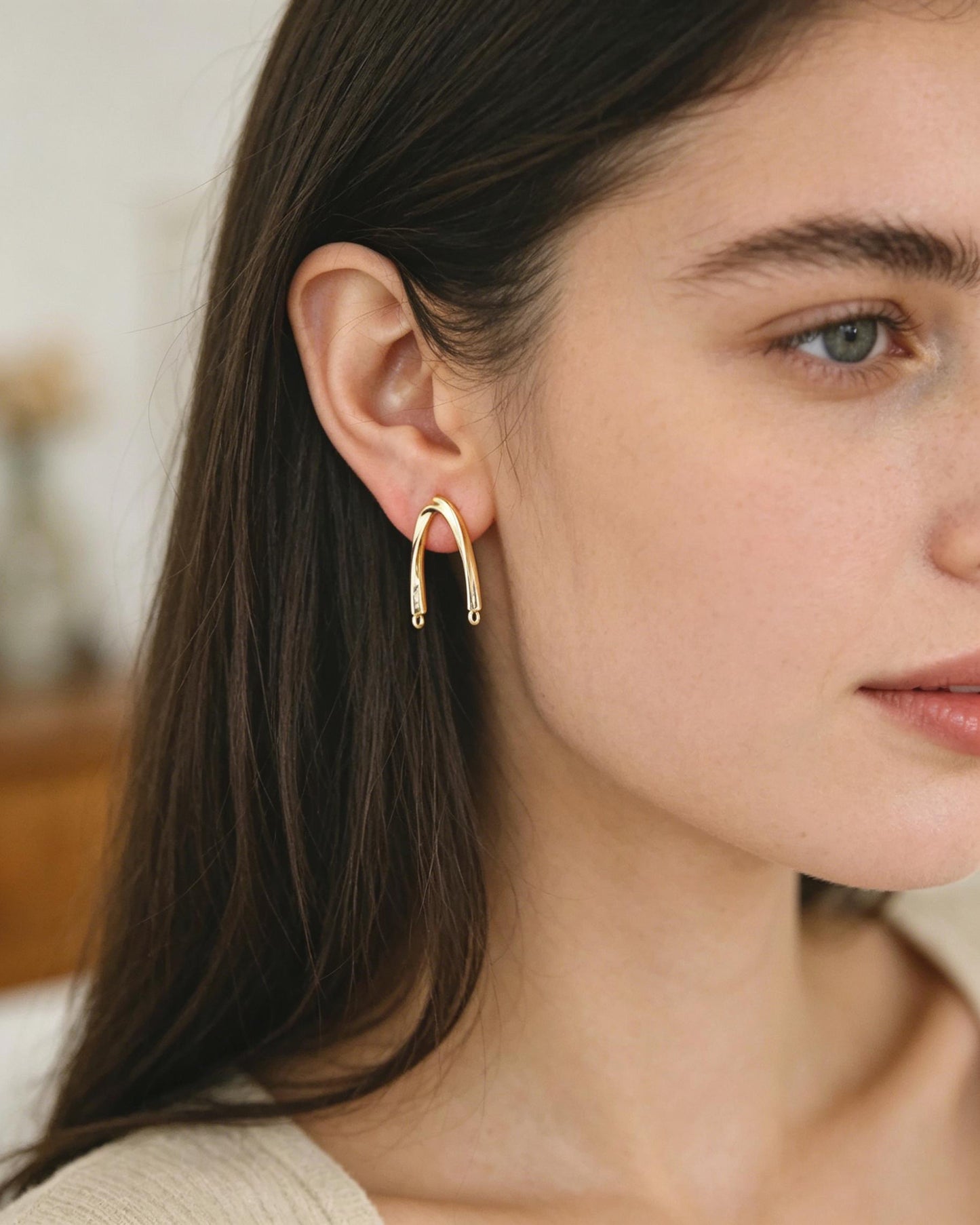10pcs Gold U-Shaped Earring with 2 Loops, 18K Gold plated Brass Stud Earrings (GB-3226)