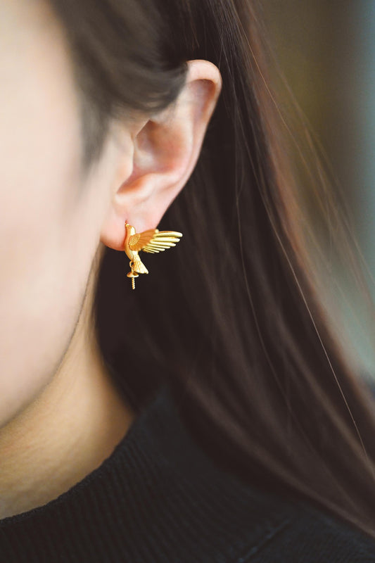 4pcs Matte Gold Hummingbird Earrings, Half Drilled Pearl Mounts, Pearl Earring Settings (GB-4526)