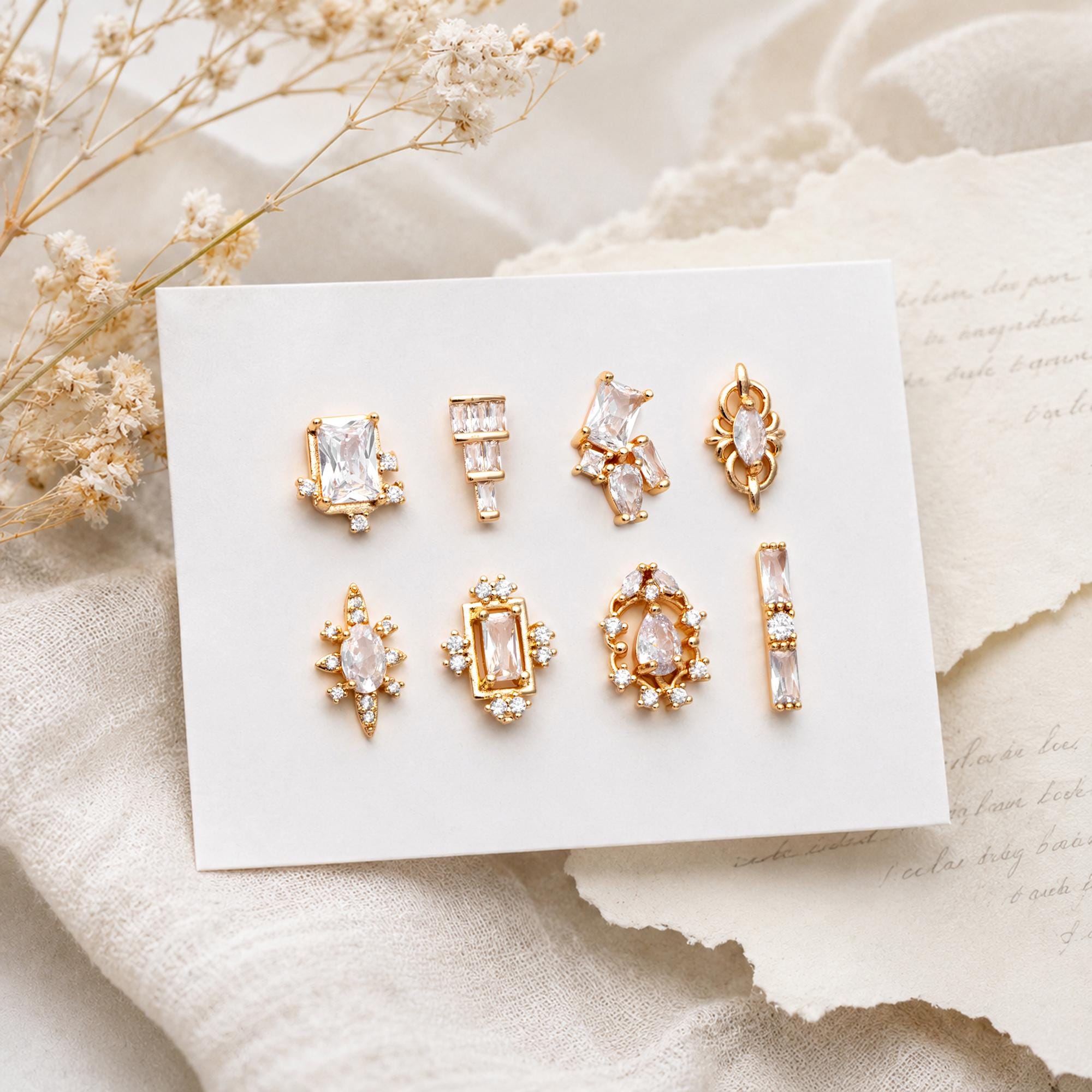 4pcs CZ Pave Dainty Geometric Stud Earrings, 18K Gold Plated Brass, Cubic Zirconia Earrings (GB-3633)