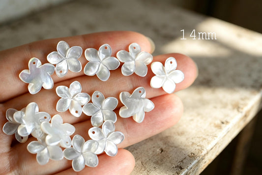 10pcs White Mother of Pearl Flowers 14/ 17/ 24mm, Top Side Drilled, Shell Plumeria Flowers for Earrings -(BK-016)