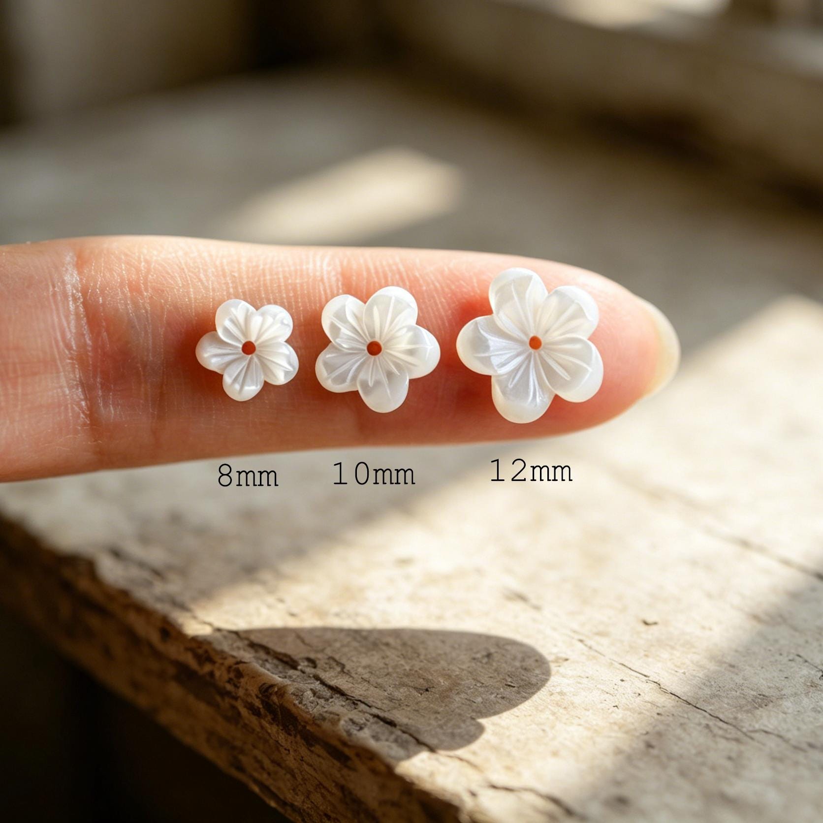 10pcs White Mother of Pearl Flowers, Carved Shell Flower Beads 8/ 10 /12mm, Flat back- (BK-017)