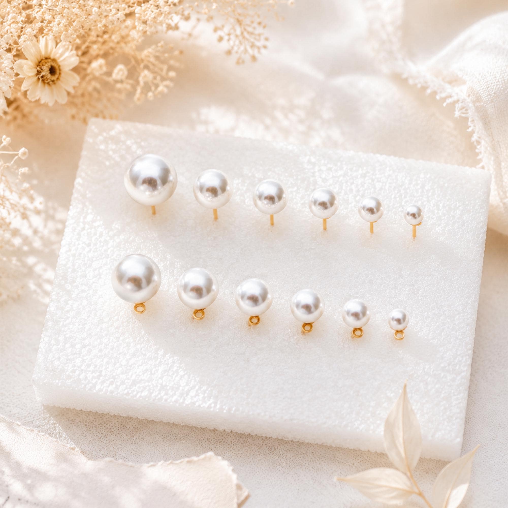 4pcs Quality Glass Pearl Stud Earrings 4-10mm, 18K Gold plated Brass Ear Posts (#GB-4781)