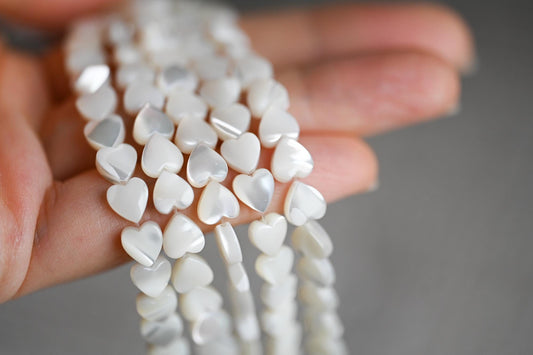 White Mother of Pearl Heart beads 6.5mm, Quality MOP Shell Heart Charms (BK-013) / 7.5 inch=19cm short strand