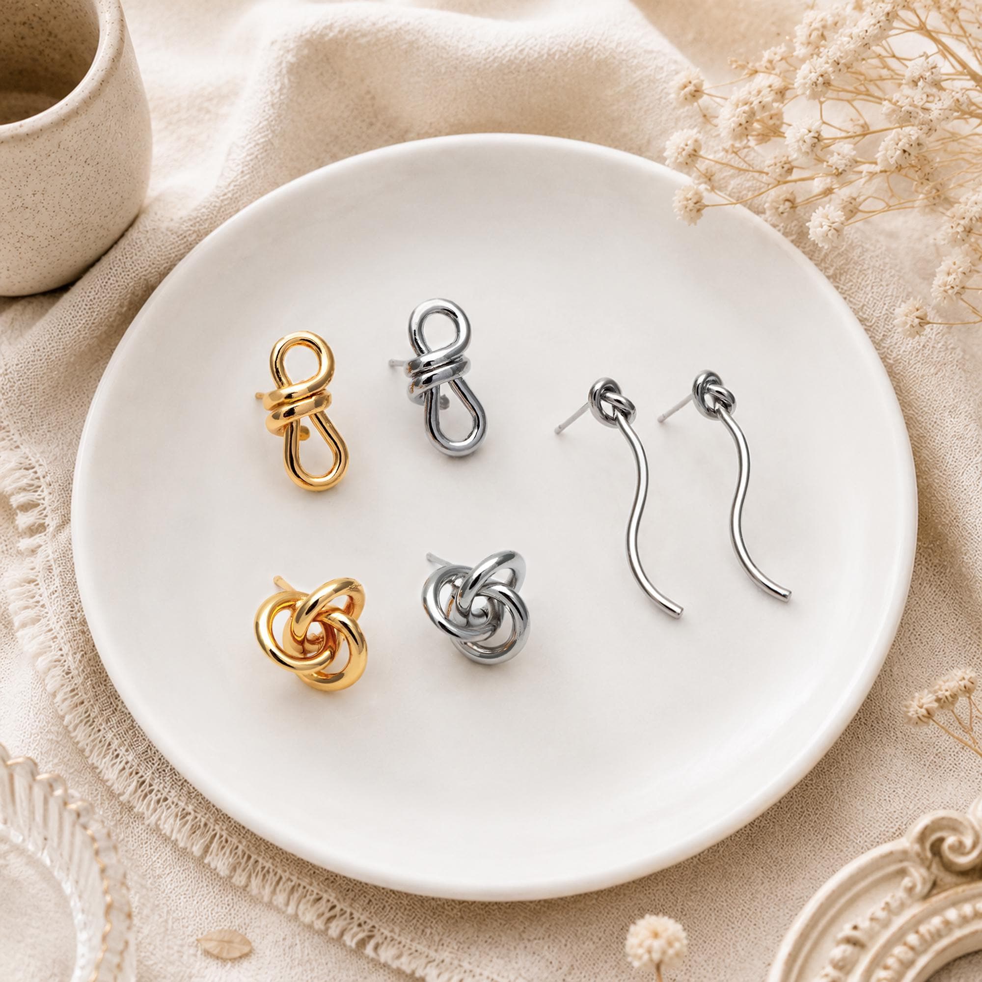 4pcs Gold/ Silver Tone Knot Stud Earrings, Rhodium plated Brass, Minimalist Stud Earrings (GB-2260)