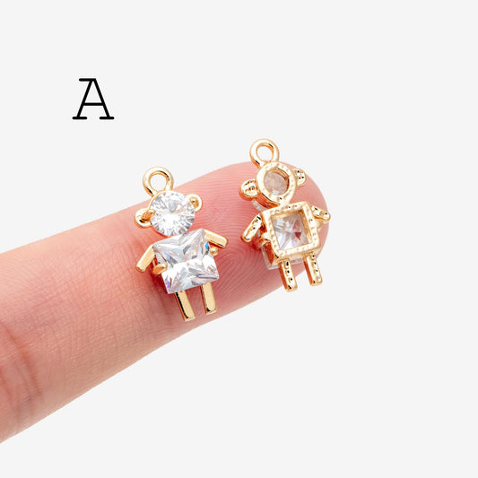 10pcs Gold Boy and Girl Charms 18mm, Gold plated Brass Cubic Zirconia Pendants (GB-172)