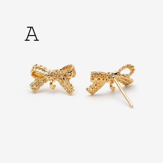 4pcs CZ Pave Gold Ear Post, Bowknot Stud Earring with Loop (#GB-747)