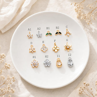 10pcs Gold/ Silver Tone Flower Leaf Charms, 18K Real Gold/ Rhodium plated Brass, Tiny Floral Pendants (GB-1762)