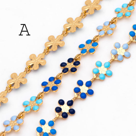 Mix Color Enamel Flower Chain, Gold Plated Brass Designer Chain 6mm, Floral Link Chain Findings (#LK-581)/ 1 Meter=3.3ft
