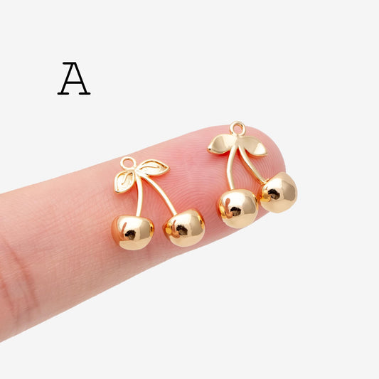 4pcs Gold Cherry Charms, Real Gold plated Brass, Cute Earring Charms (GB-2612)