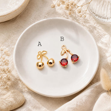 4pcs Gold Cherry Charms, Real Gold plated Brass, Cute Earring Charms (GB-2612)