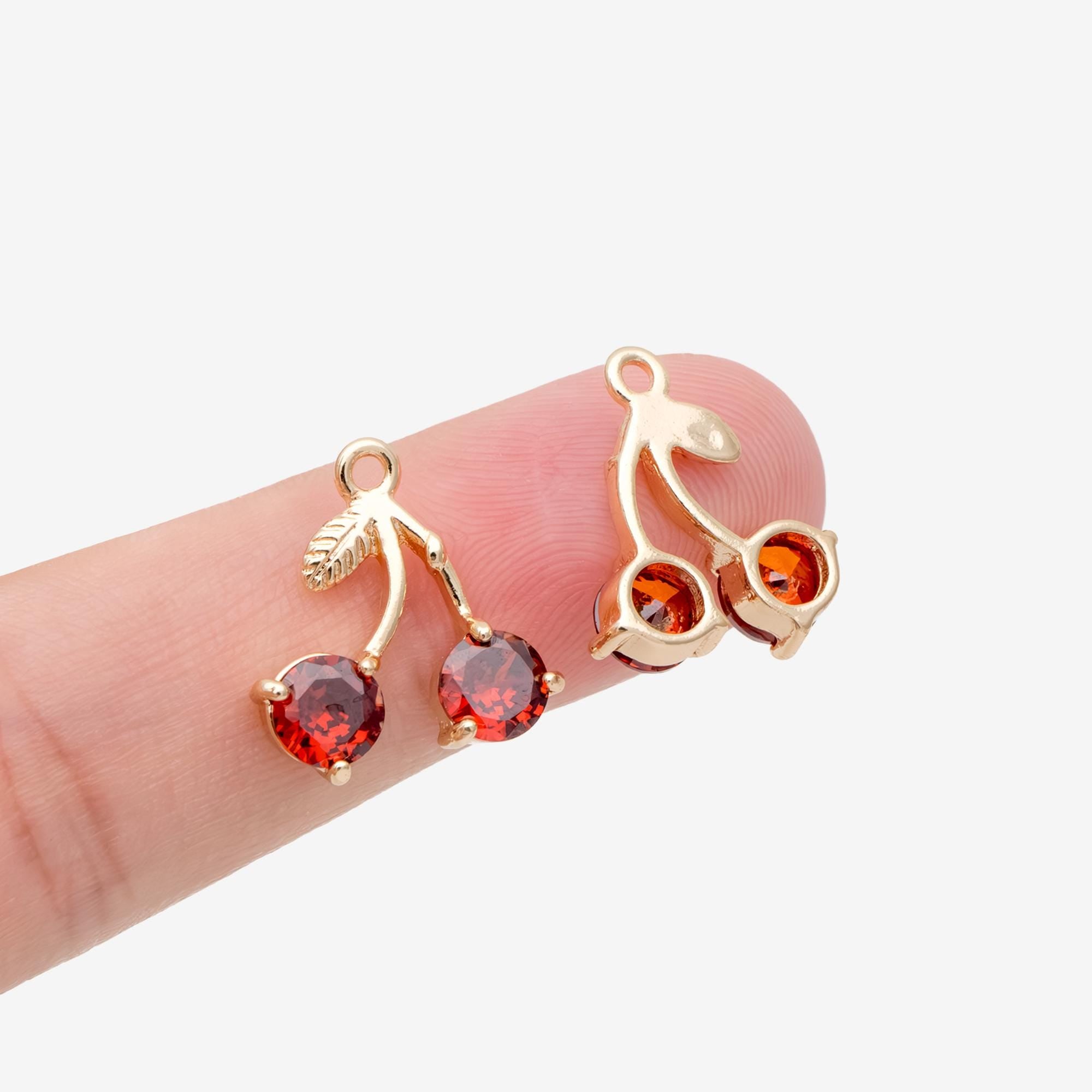 4pcs Red CZ Pave Gold Cherry Charms, Real Gold plated Brass, Earring Charms (GB-2612-B)