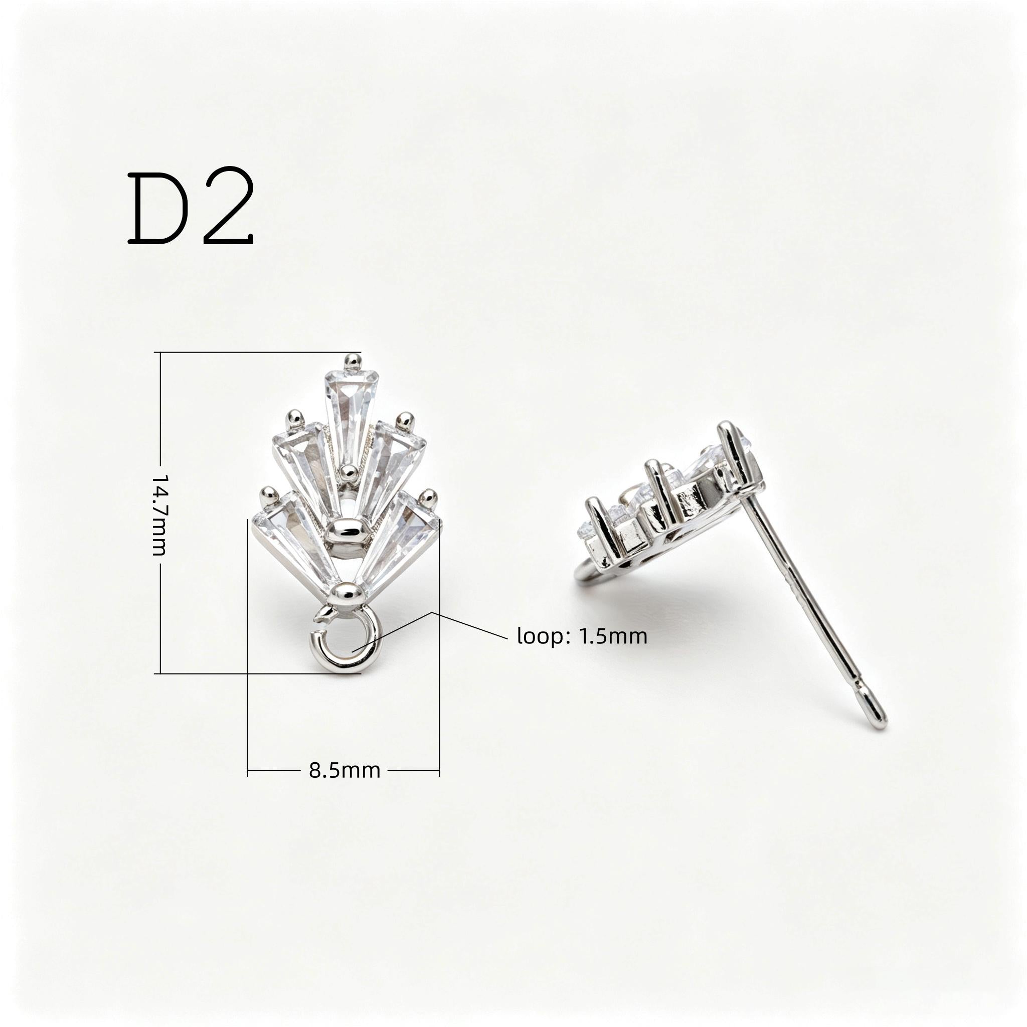 4pcs CZ Pave Flower Heart Earring with Loop, Gold Plated Brass leaf Stud Earrings, Dainty Earring, Wholesale Supplies (GB-314)
