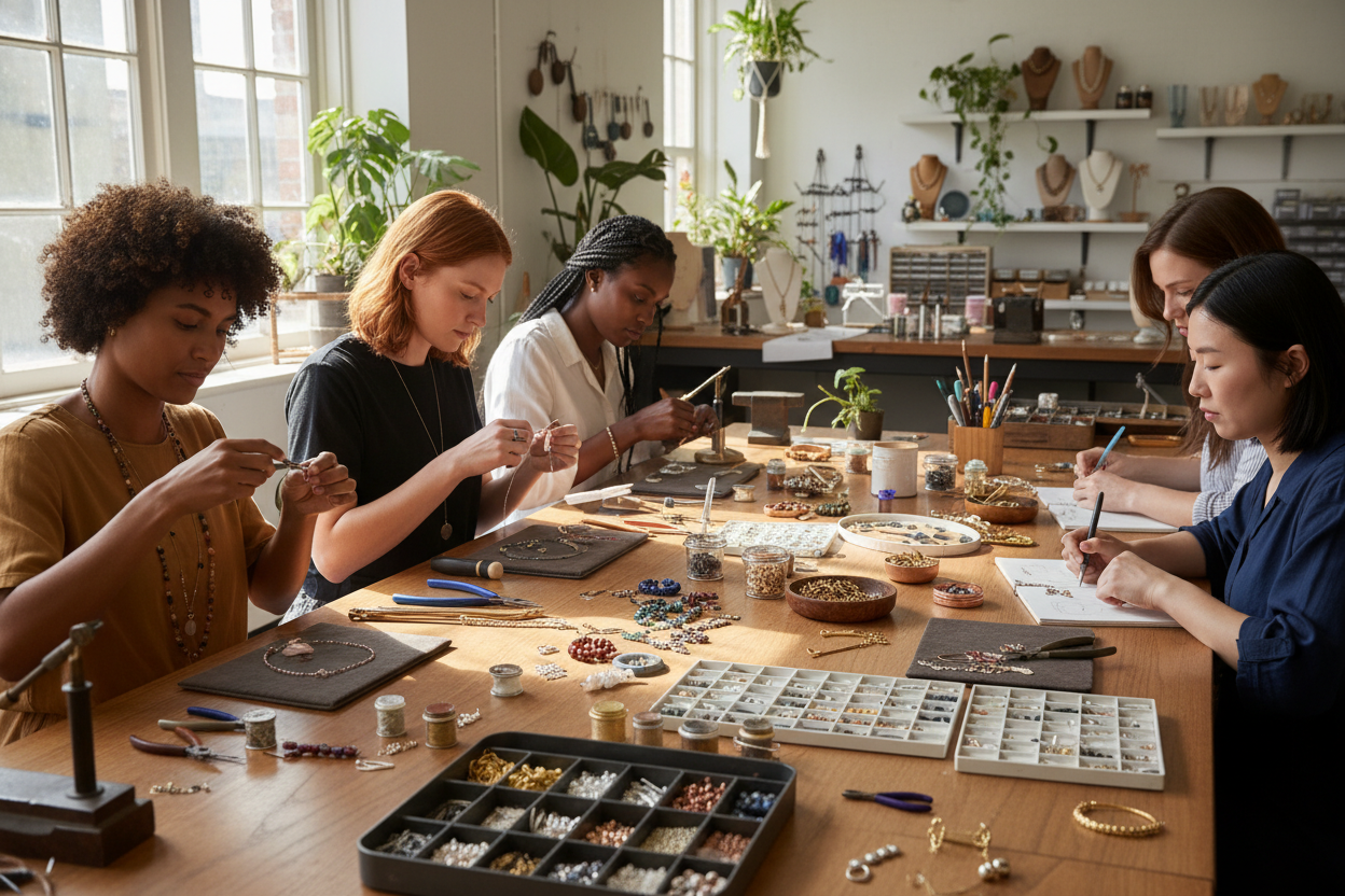 几个不同肤色的女人在工作室里制作饰品，桌上有许多金属配件
