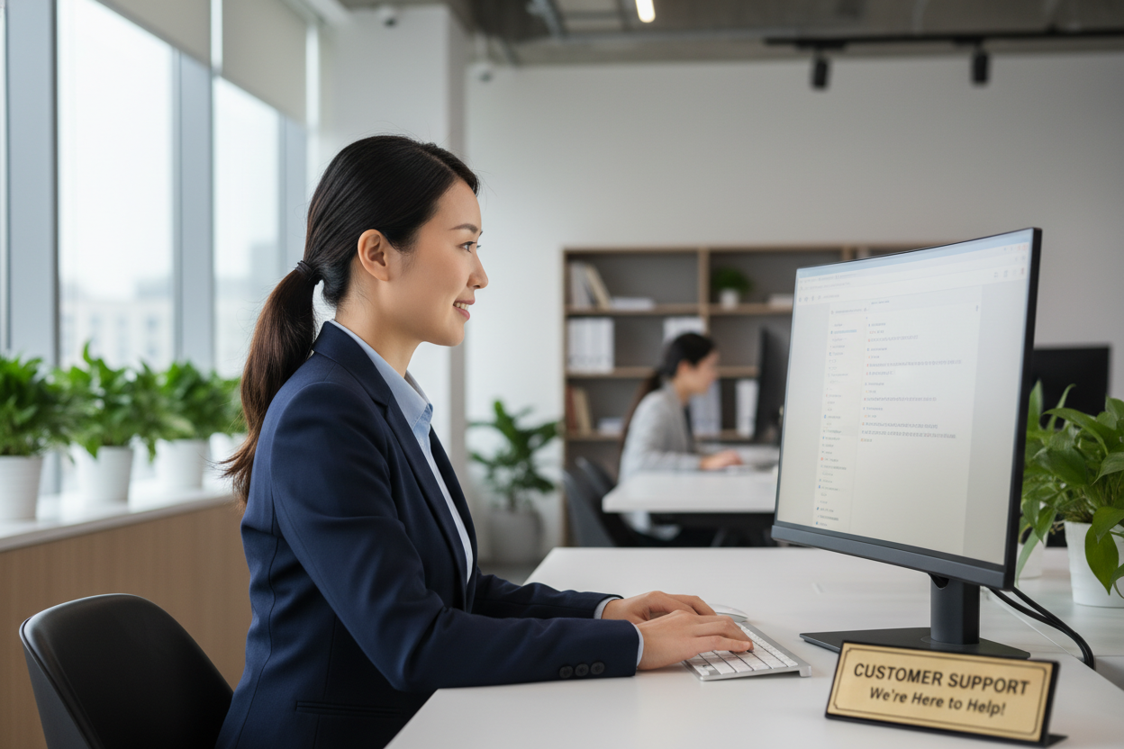 一位华人女性客服正在电脑前回复邮件