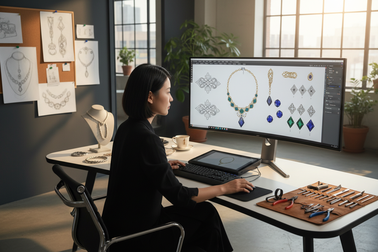 一个华人设计师正在电脑上设计饰品配件