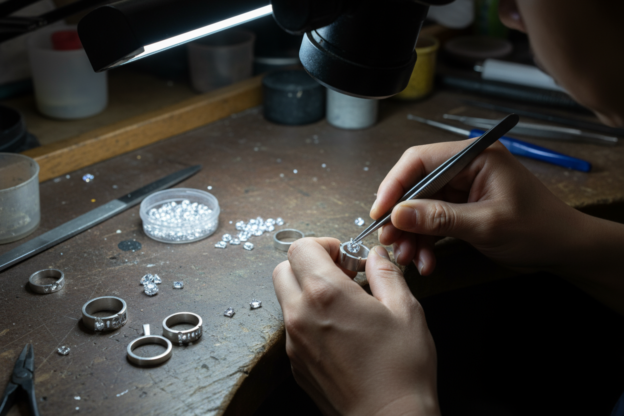 饰品工厂工人正在给毛坯饰品镶锆石