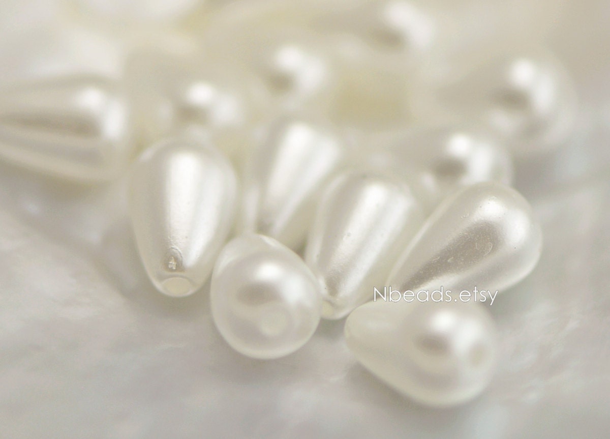 SALE! 50pcs Acrylic Teardrop Beads 10x6mm, Pearly Pearl White, Drill Through (#SL025)