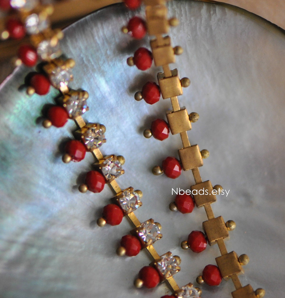 Red Crystal Glass Bead Chain 9mm, Rhinestone Unplated Brass Designer Chain (#LK-029)/ 1 Meter=3.3ft