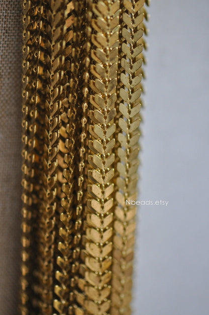 Unplated Raw Brass Designer Arrow Chain 6.5mm, Flat Chevron Chain, Herring bone Fish bone Chain (#LK-034)/ 1 Meter=3.3ft