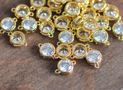 10pcs Gold/ Silver Tone Bezel Gemstone Connector 4/ 5/ 6/ 7mm, 18K Gold/ Rhodium plated Brass, Clear CZ Coin Charms (GB-011)
