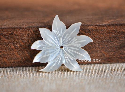 10pcs White Mother of Pearl Shell Lotus Carved Flowers 36mm -(V1216-1)