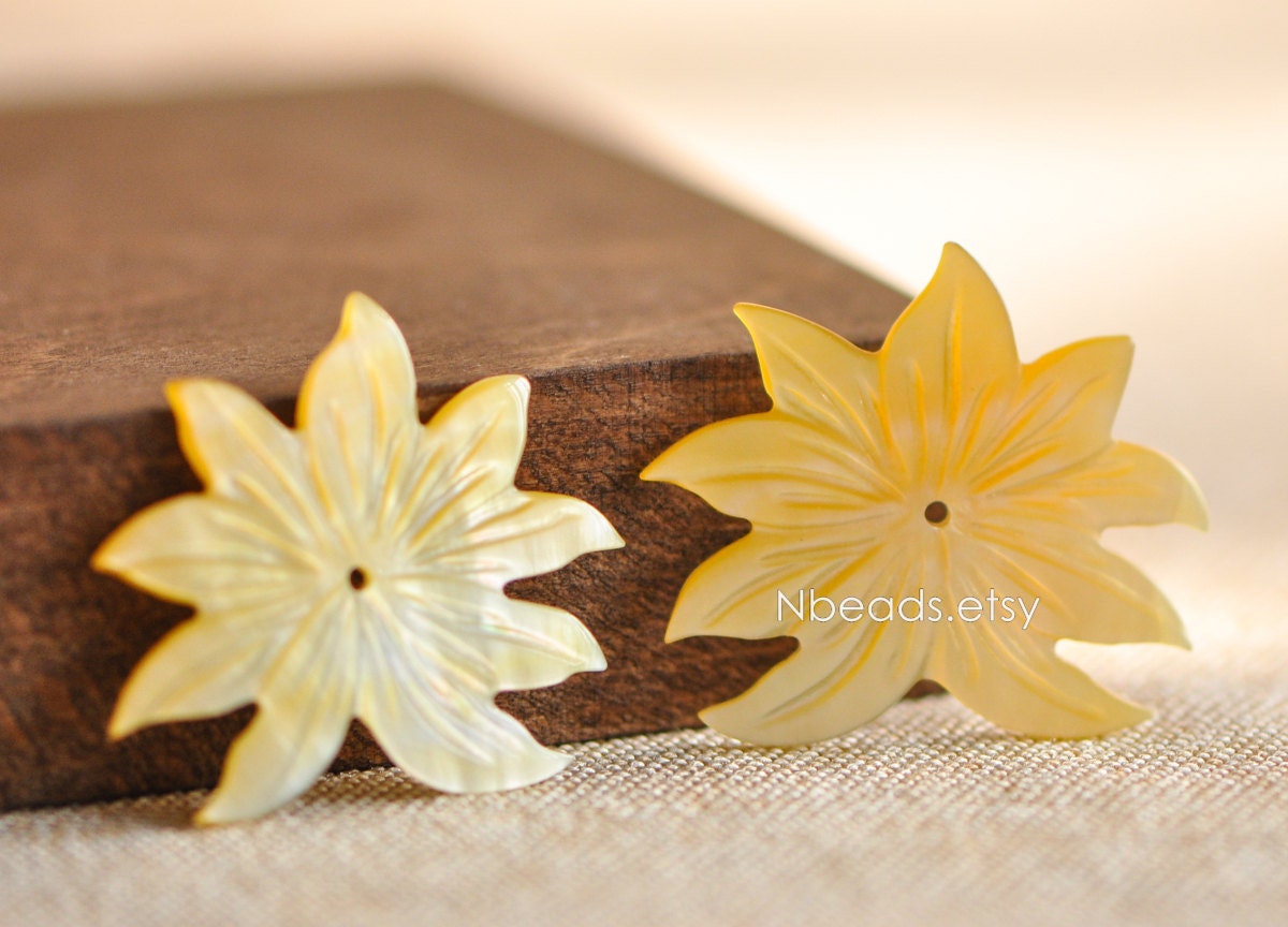 10pcs Yellow Mother of Pearl Shell Lotus Carved Flowers 36mm -(V1216-2)