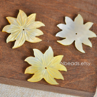 10pcs Yellow Mother of Pearl Shell Lotus Carved Flowers 36mm -(V1216-2)