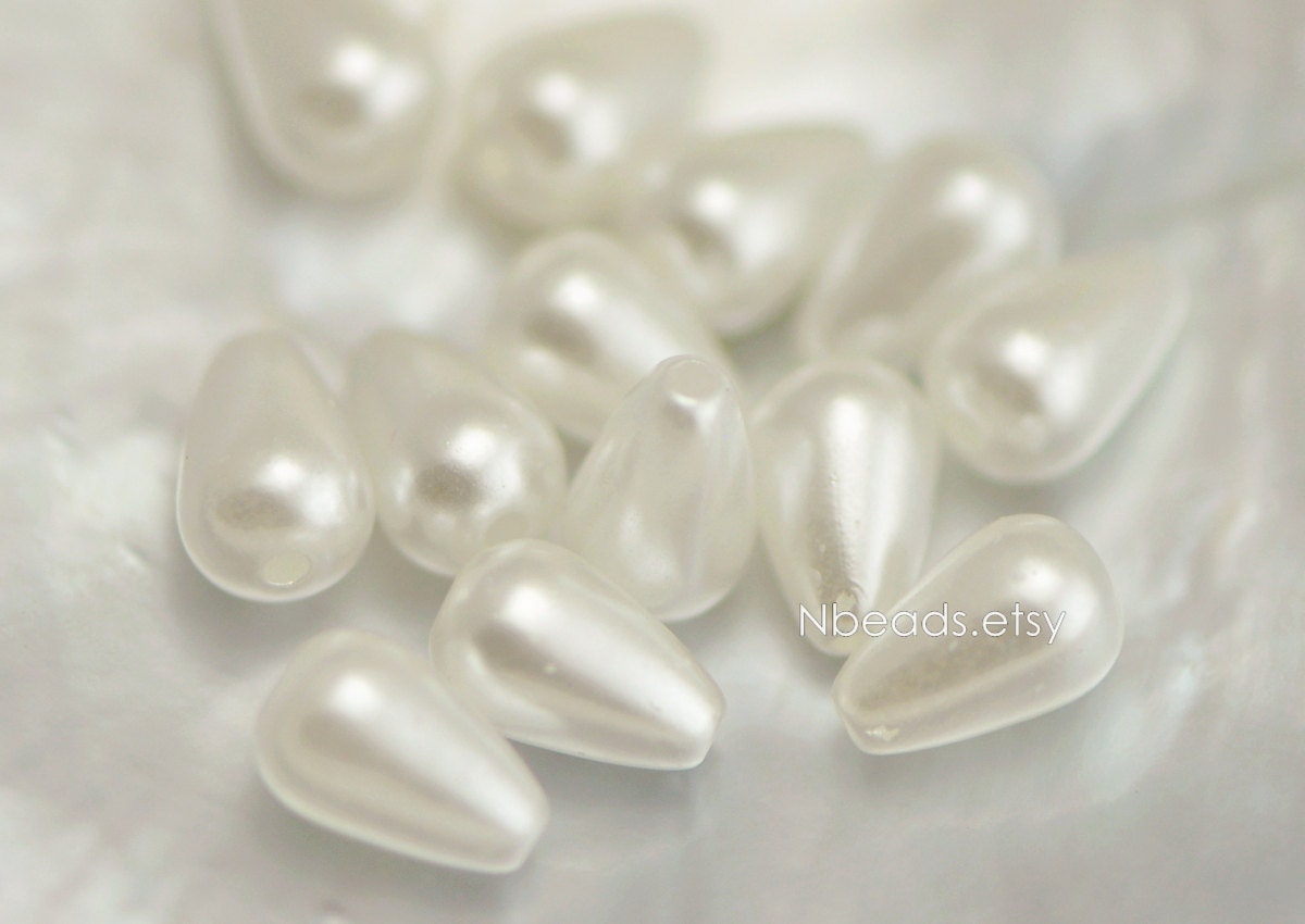 SALE! 50pcs Acrylic Teardrop Beads 10x6mm, Pearly Pearl White, Drill Through (#SL025)